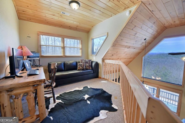 interior space featuring carpet floors, wooden ceiling, visible vents, and vaulted ceiling