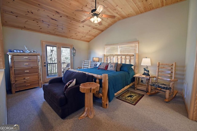 carpeted bedroom with lofted ceiling, access to outside, ceiling fan, and wood ceiling