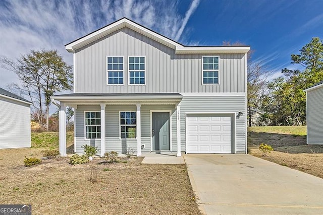 view of front of property featuring board and batten siding, concrete driveway, a porch, and a garage