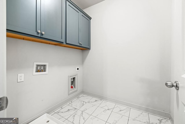 laundry room featuring washer hookup, marble finish floor, cabinet space, hookup for an electric dryer, and baseboards