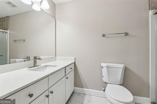 full bathroom with baseboards, visible vents, toilet, marble finish floor, and vanity