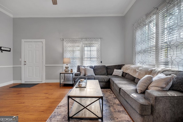 living area featuring crown molding, a healthy amount of sunlight, dark wood finished floors, and baseboards