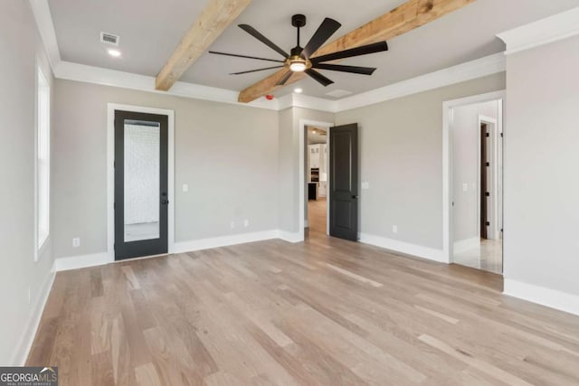 empty room featuring light wood finished floors, visible vents, baseboards, beamed ceiling, and recessed lighting