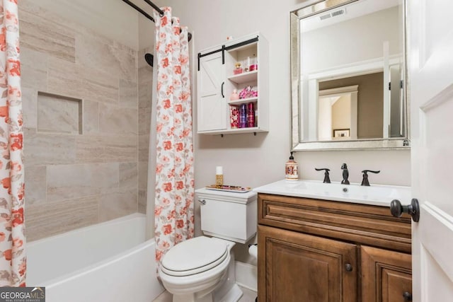 full bath featuring visible vents, shower / bathtub combination with curtain, toilet, and vanity