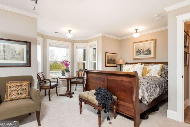 bedroom featuring light carpet, crown molding, visible vents, and baseboards