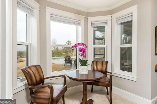 living area with carpet, crown molding, and baseboards