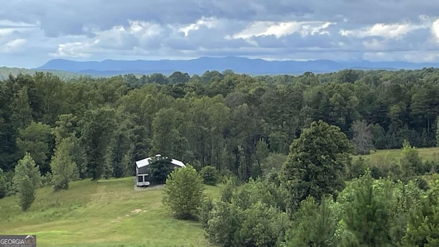 birds eye view of property with a mountain view and a wooded view