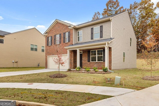 view of front of house with a garage, driveway, brick siding, and a front lawn