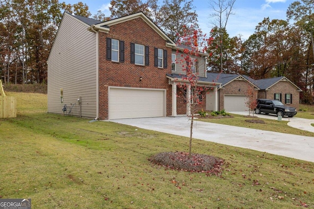 traditional home with concrete driveway, brick siding, an attached garage, and a front lawn