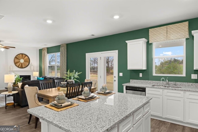 kitchen with a fireplace, a sink, white cabinets, open floor plan, and dishwasher