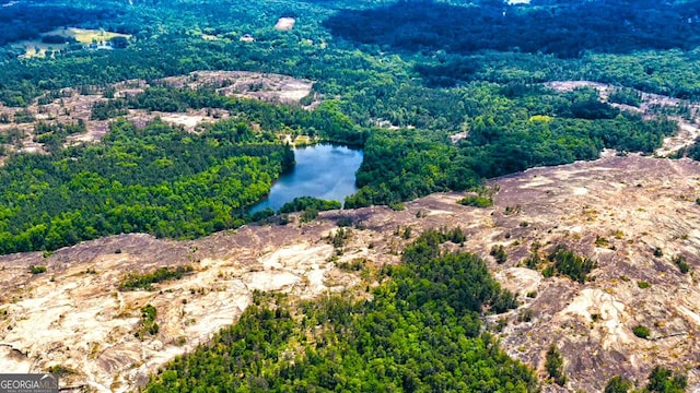 birds eye view of property with a water view and a wooded view