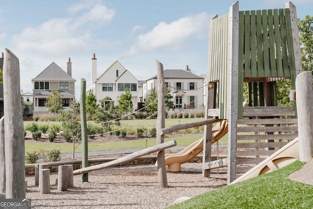 community play area with a residential view