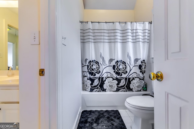 bathroom featuring shower / tub combo, vanity, toilet, and tile patterned floors