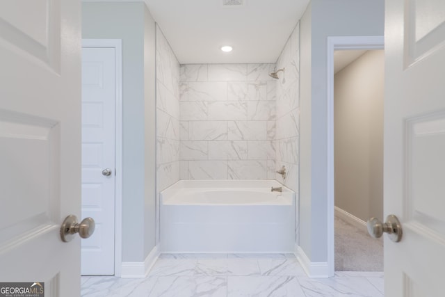 bathroom featuring marble finish floor, recessed lighting, shower / tub combination, and baseboards