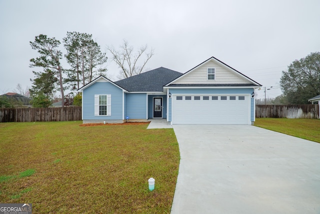 ranch-style house featuring a front lawn, concrete driveway, fence, and an attached garage