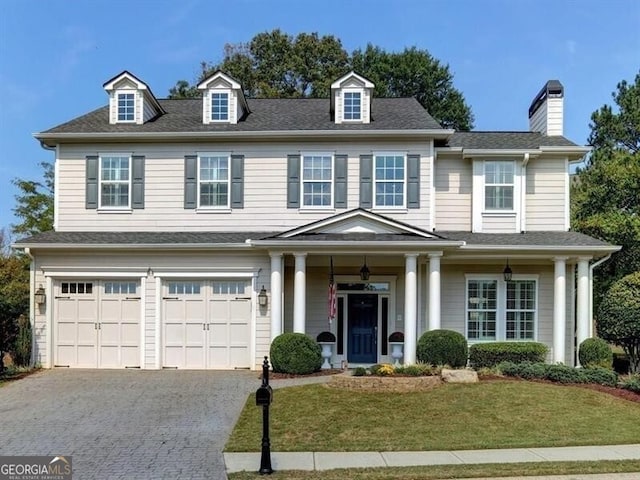 view of front of property with a shingled roof, a front yard, driveway, and an attached garage