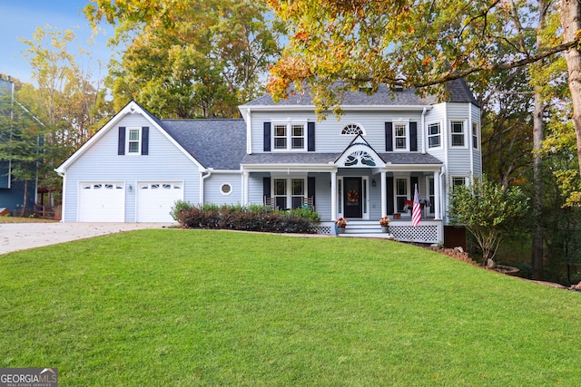 victorian home featuring a garage, driveway, a shingled roof, a porch, and a front lawn