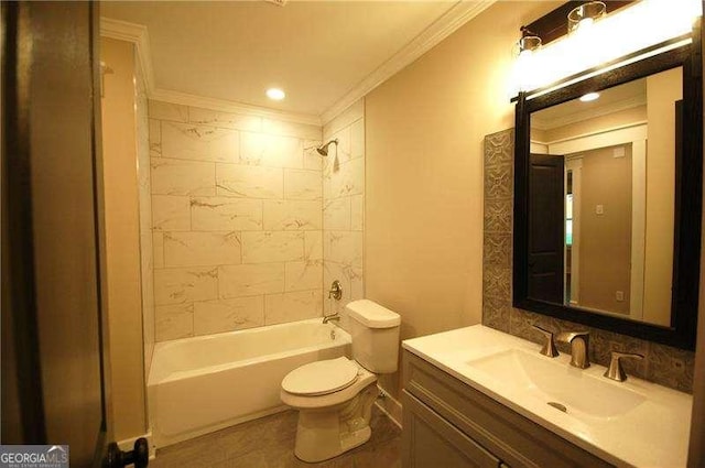 full bathroom featuring shower / tub combination, crown molding, vanity, and toilet