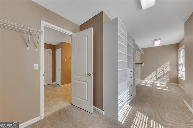 walk in closet featuring light carpet