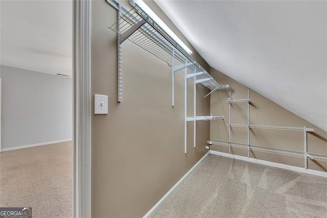 spacious closet with lofted ceiling and carpet flooring