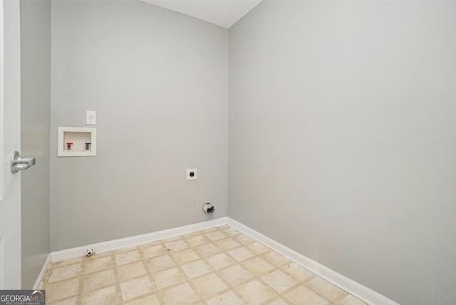 laundry area with washer hookup, light floors, electric dryer hookup, laundry area, and baseboards