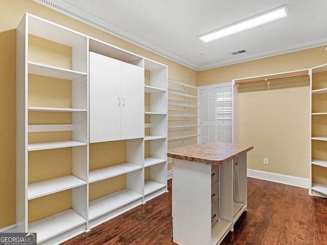 spacious closet with dark wood-style flooring and visible vents