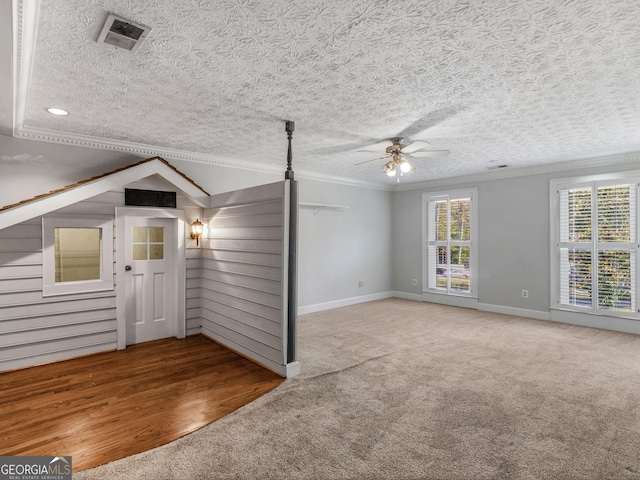 additional living space with a ceiling fan, carpet, visible vents, and a textured ceiling