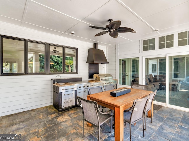 view of patio / terrace with a ceiling fan, outdoor dining area, and area for grilling