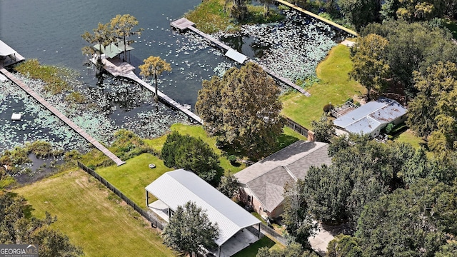 bird's eye view with a water view