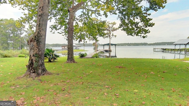 view of yard featuring a water view and a dock