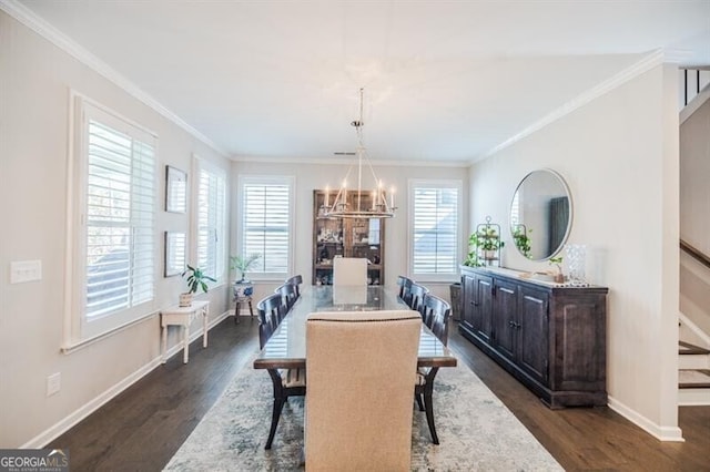 dining area with a chandelier, dark wood-style floors, and baseboards