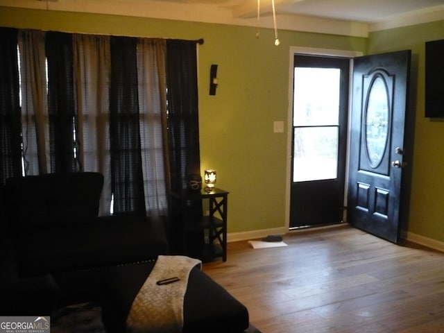 foyer with baseboards and wood finished floors