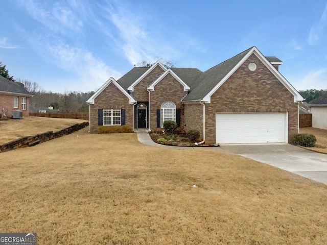 view of front of home with central air condition unit, a garage, brick siding, driveway, and a front lawn