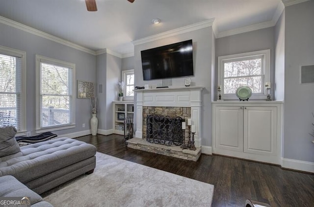 living area featuring baseboards, dark wood-type flooring, a fireplace, and crown molding