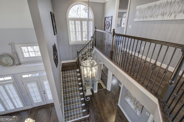 entrance foyer featuring a wealth of natural light, a high ceiling, and wood finished floors