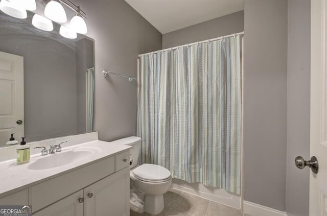 full bath featuring shower / bath combination with curtain, vanity, toilet, and tile patterned floors