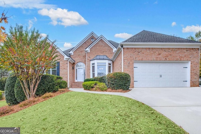 view of front of property with driveway, an attached garage, a front yard, and brick siding