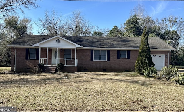 ranch-style home featuring a garage, brick siding, crawl space, and a front yard