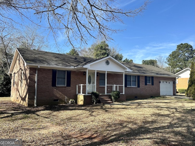 single story home featuring a garage, roof with shingles, crawl space, a porch, and brick siding