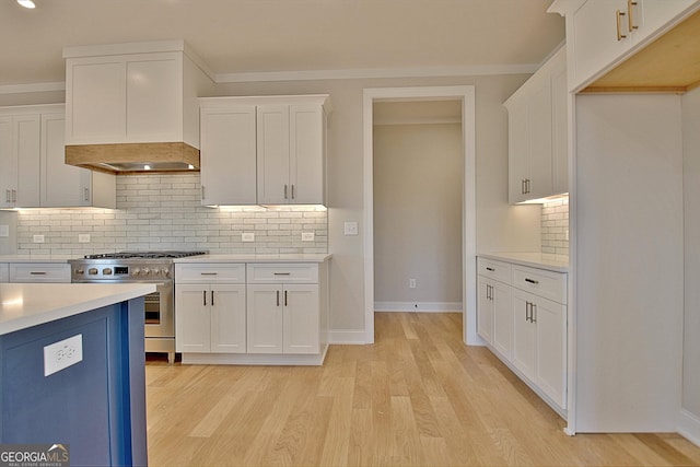 kitchen featuring light wood-type flooring, light countertops, high end stainless steel range oven, and white cabinetry