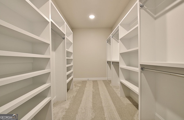 walk in closet featuring light colored carpet