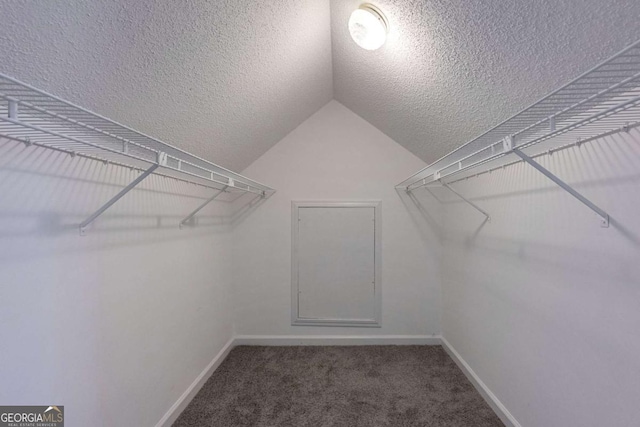 spacious closet featuring lofted ceiling and dark carpet