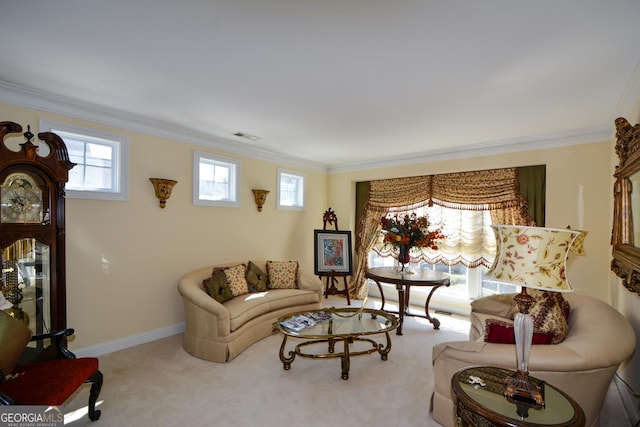 living room with light carpet, visible vents, baseboards, and crown molding