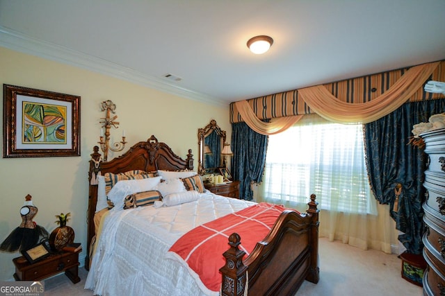 bedroom with carpet, visible vents, and ornamental molding