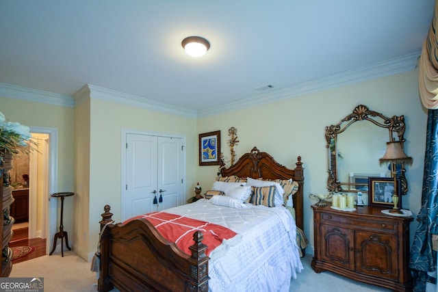 bedroom with light carpet, a closet, and crown molding