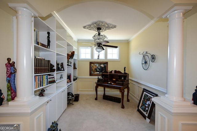 office area with crown molding and decorative columns