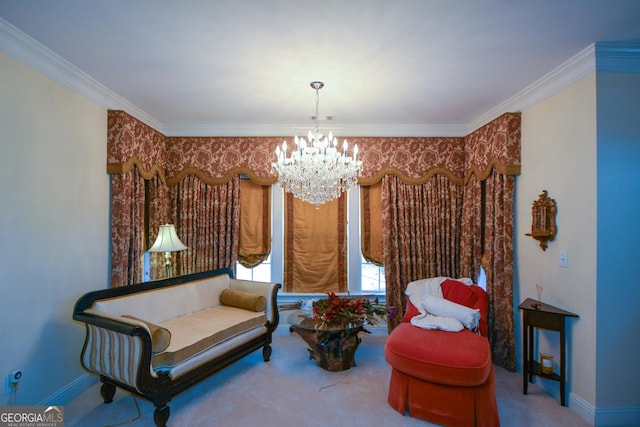 sitting room featuring ornamental molding, a chandelier, carpet floors, and baseboards