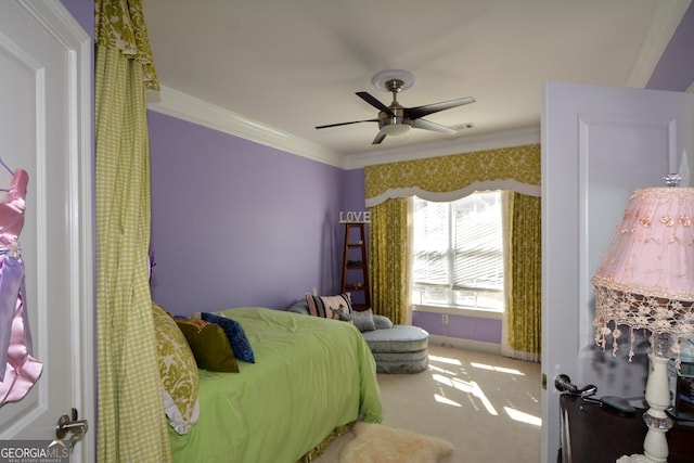 bedroom with carpet floors, visible vents, ornamental molding, and a ceiling fan