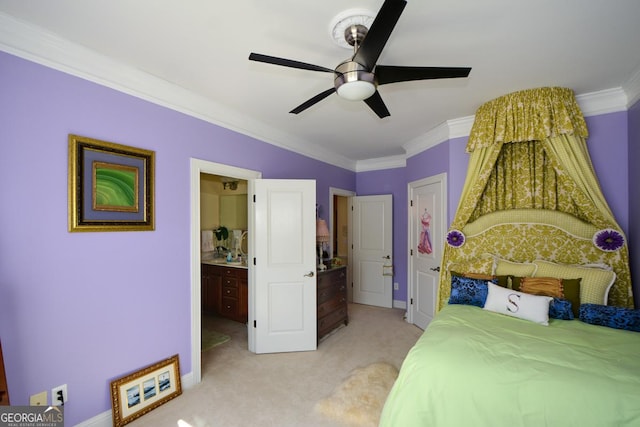 bedroom featuring baseboards, ornamental molding, a ceiling fan, and light colored carpet