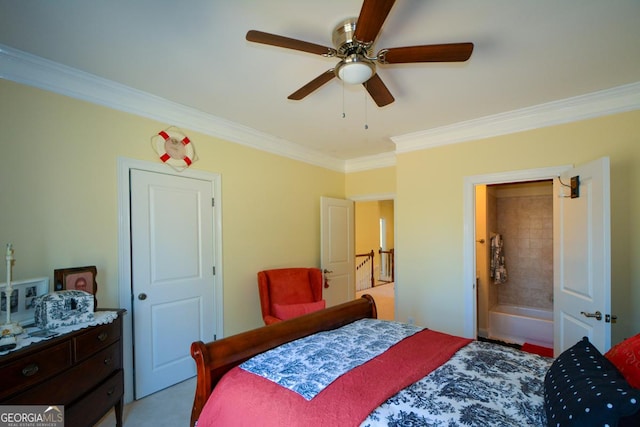 bedroom featuring ornamental molding, light carpet, and a ceiling fan